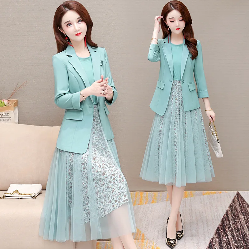 Spring Autumn Suit Jacket Dress Two Piece Women Elegant Mesh Skirt Blazers Coat Set Korean Fashion Professional Wear To Work