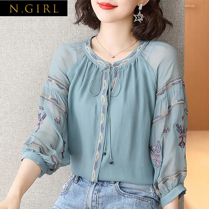 Elegant Embroidery Drawstring Oversized Lantern Sleeve Shirt Summer and Autumn Casual Tops Commute Fashion Woman Blouses 2022