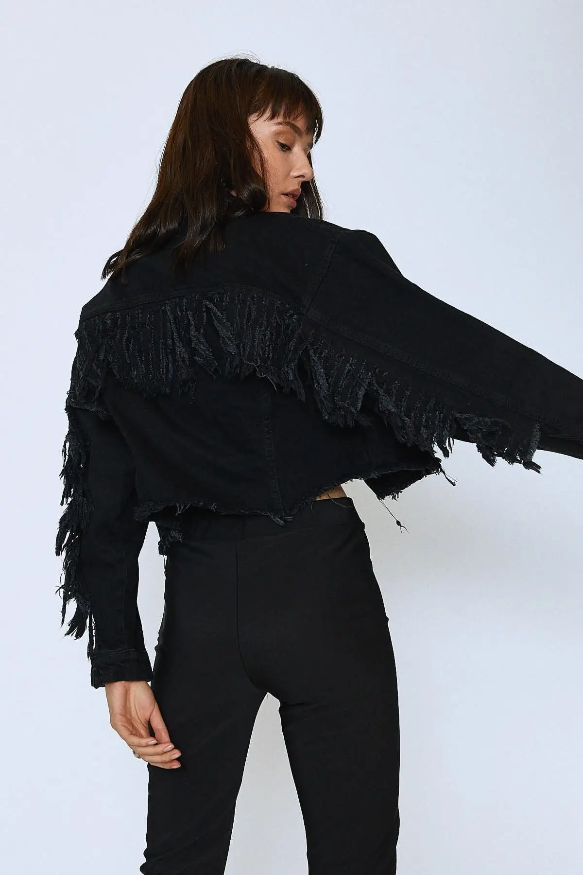 

Women's Fashion Denim Jacket Coat Tassel Detailed Crop Jeans Jacket Anthracite
