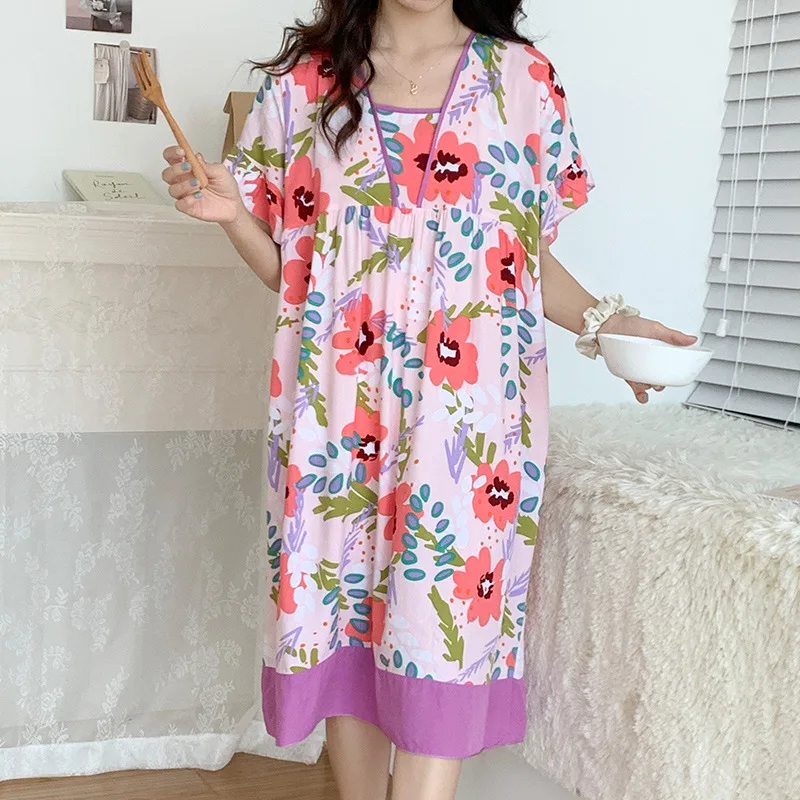 Plus Size Women's Summer Pajama Dressing Gown Half Sleeve Leisure Ventilation Nightdress 100% Viscose Printing Girls Nightgown