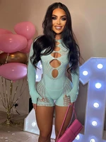 sexy slim fit perspective hollow out mesh patchwork jumpsuit women long sleeve romper 2022 summer party club wear