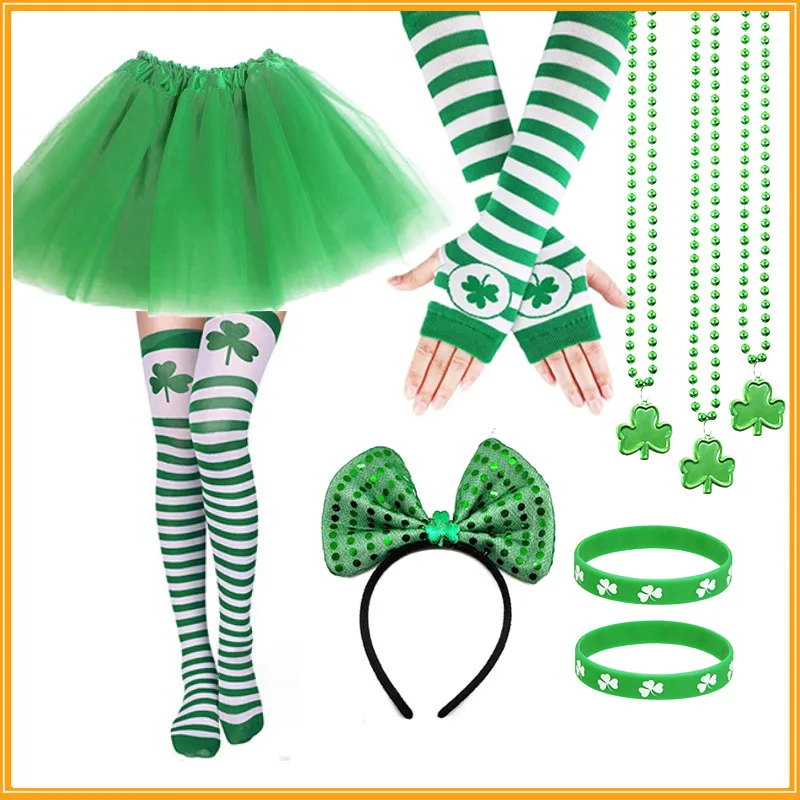 Зеленое платье-пачка с трилистником повязка на голову грелки для рук гольфы