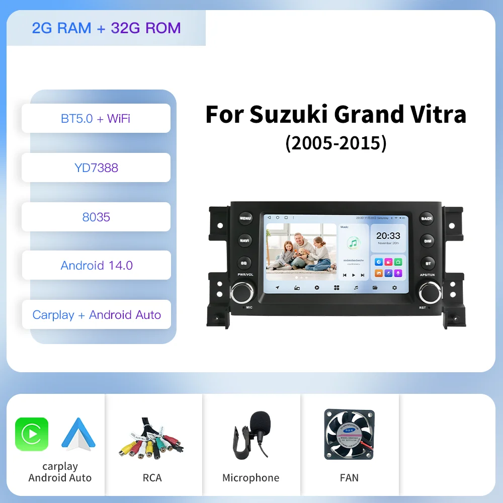 

Автомагнитола Kapud на Android 12, с 7-дюймовым экраном, мультимедийный плеер для Suzuki Grand Vitara3 2005-2015 Navi BT 2DIN DSP GPS CarPlay