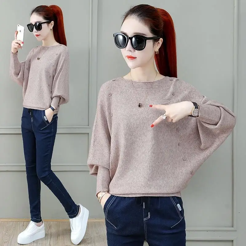 

Women Knitted Pullover Autumn and Winter Solid Batwing Sleeve Female 2023 Pull Sweater Loose Long Sleeve Casual Shirt T665