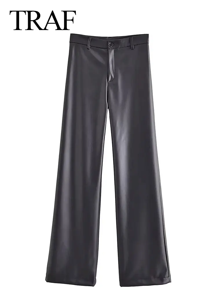 

Женские прямые брюки из искусственной кожи, с завышенной талией и молнией