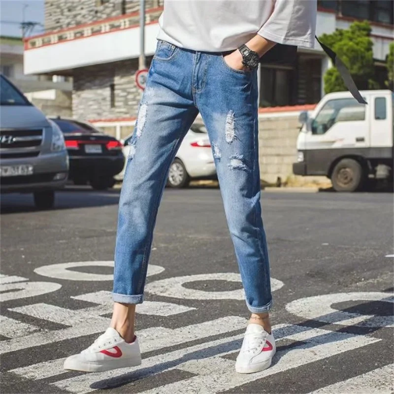 Slim Fit Small Straight Jeans Tide Spring and Summer Korean Version 9 Points Pants Elastic Tight Hole Trousers Clothing Men