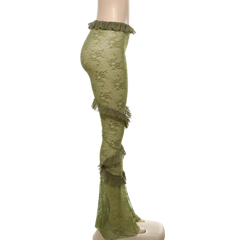 Сексуальные прозрачные зеленые кружевные брюки-клеш с рюшами женские брюки для
