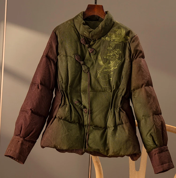 New Luxury Chinese Style  Embroidery  Casacos De Inverno Feminino  Down Jacket Women  85% White Goose Down Single Breasted Slim