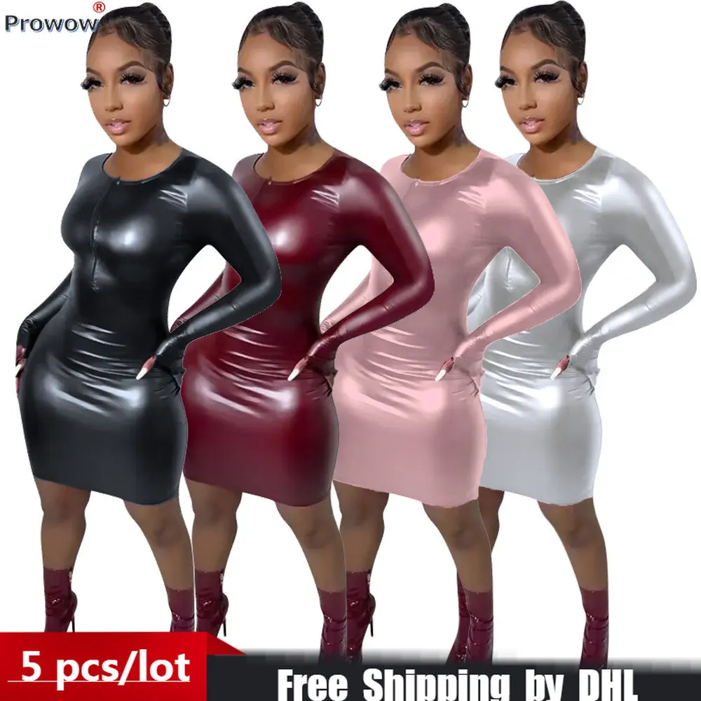 2023 Fall PU Women Dresses Sexy Solid Mini Dress Bodycon Long Sleeve Package Hip Robes O Neck Black Club Vetsidos Wholesale 8776