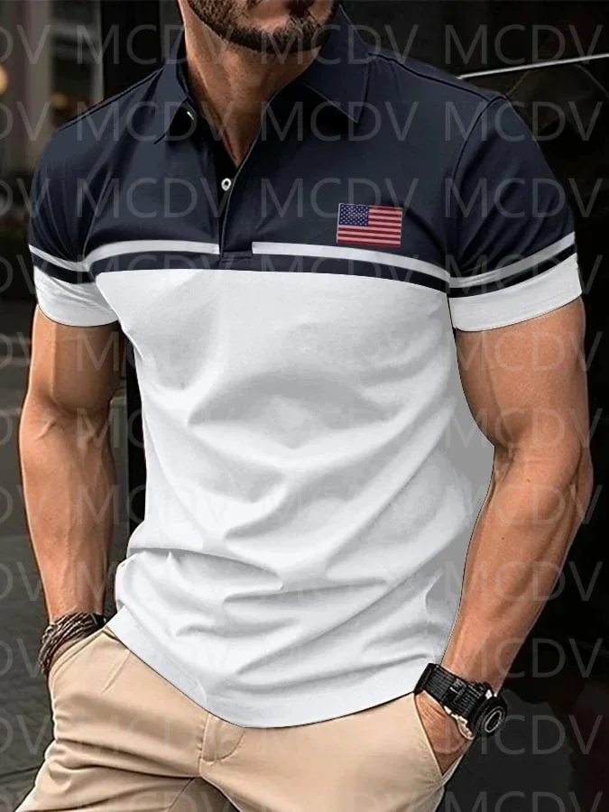 Повседневная модная мужская рубашка-поло в контрастную полоску с 3D принтом