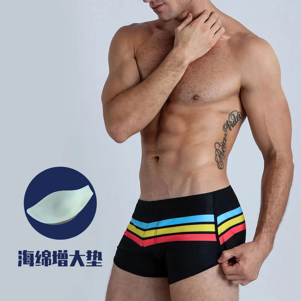 

Men's Fashion Sports Swimming Trunks New Striped Color Matching Shorts Swimming Trunks With Push Pad European And American Hot
