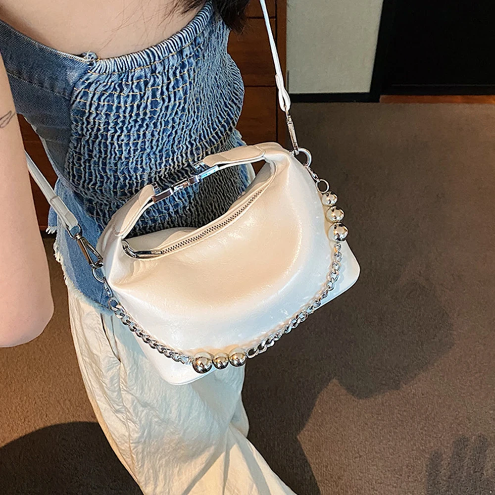 Fashion Chains Tote Bag Metallic Silver Women Handbags Luxury Crossbody Bags for Women 2023 Soft Leather Shoulder Bag Clutch New