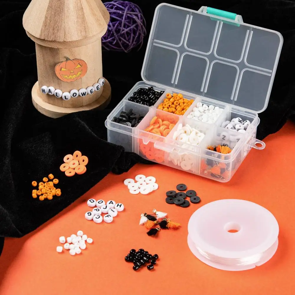 1155Pcs Mixed Round Glass Clay Seed Beads for DIY Halloween Theme Stretch Bracelets Making Kits with Elastic Crystal Thread