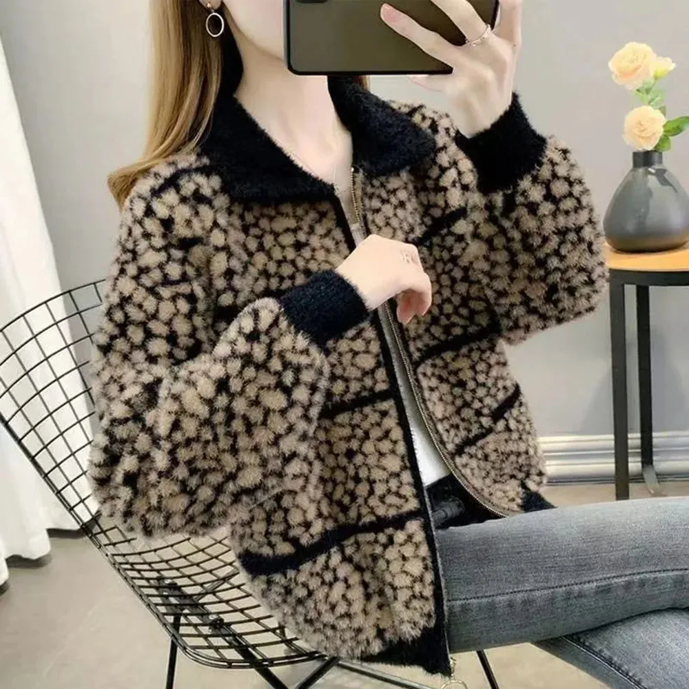 

Imitation Mink Velvet Leopard Jacket Women Autumn Winter New Korean Style Fashion Loose Short Zipper Thick Warm Cardigan Outwear