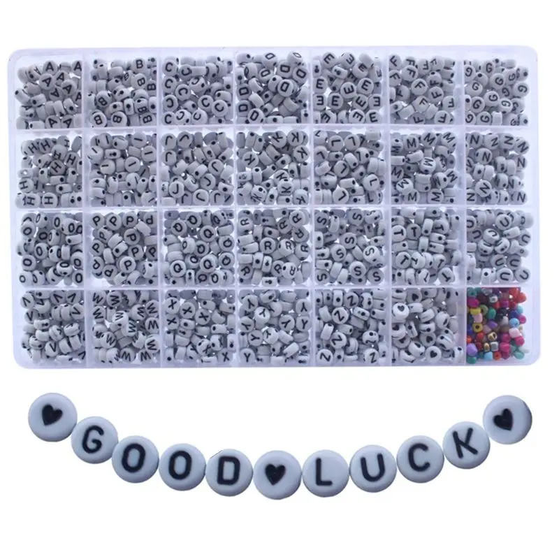 

1600Pcs 28 Grid Acrylic White Round Beads Black A-Z Letter Alphabet Heart Pattern for DIY Bracelet Jewelry Making 066C