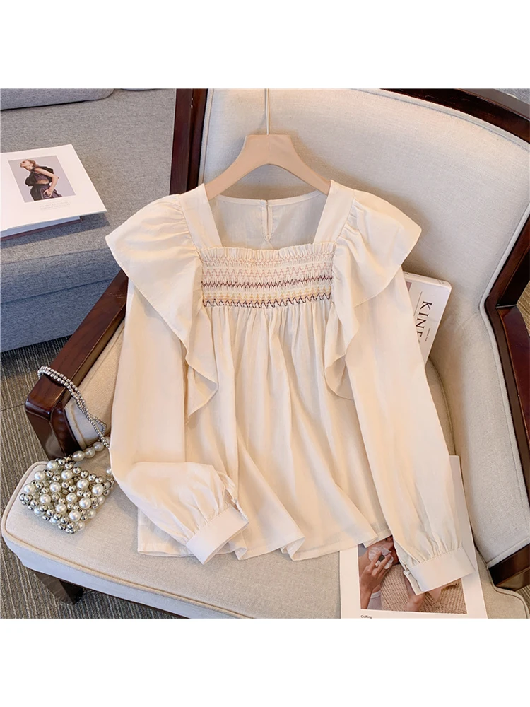 

Women's White Square Collar Shirt and Blouses Korean Elegant Harajuku Fashion Vintage Long Sleeve Shirt Top Clothes Autumn 2023