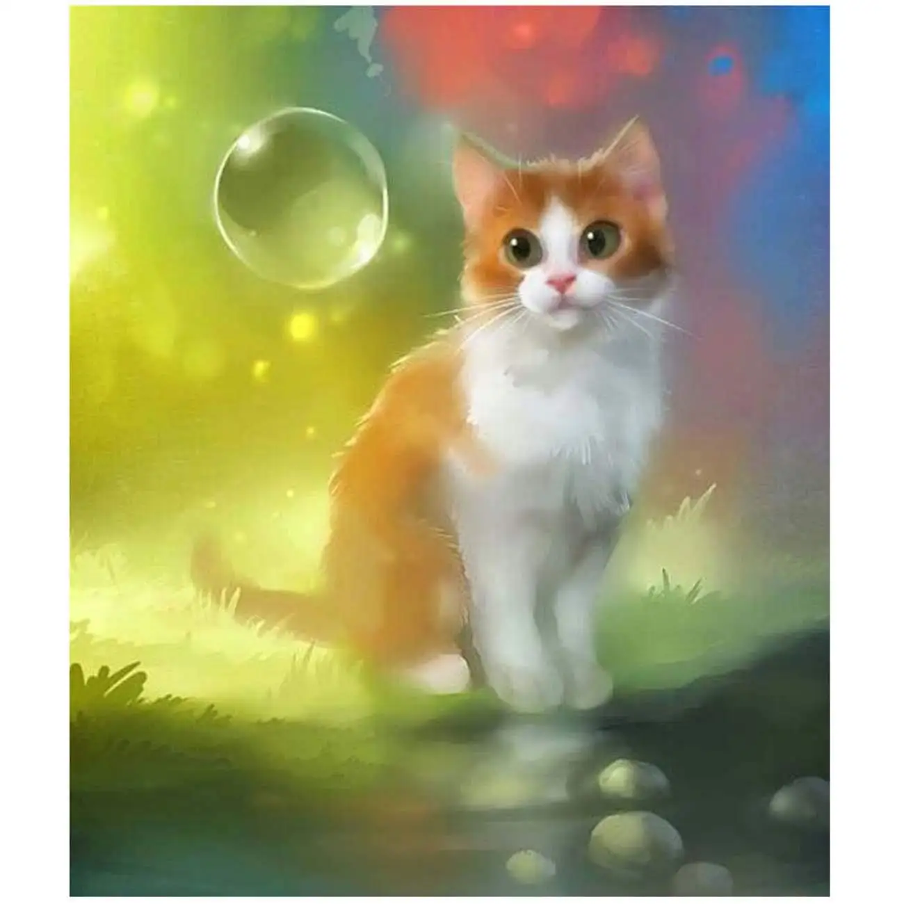 

5D Diamond Painting Yellow and White Cat and Bubble Full Drill by Number Kits for Adults, DIY Diamond Set Arts Craft a0951