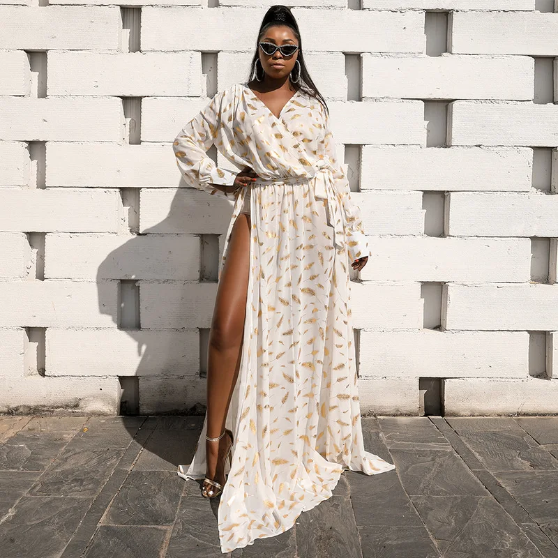 

Plus Size Chiffon Evening Dresses V Neck Long Sleeve Bronzing Feather Side Split Summer Party Prom Dress Robe De Mariée In Stock