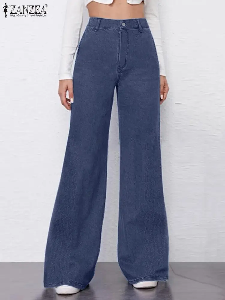 

ZANZEA High Waist Vintage Baggy Denim Pants Streetwear American Style Dark Blue Womens Jeans Fashion Wide Leg Denim Trousers