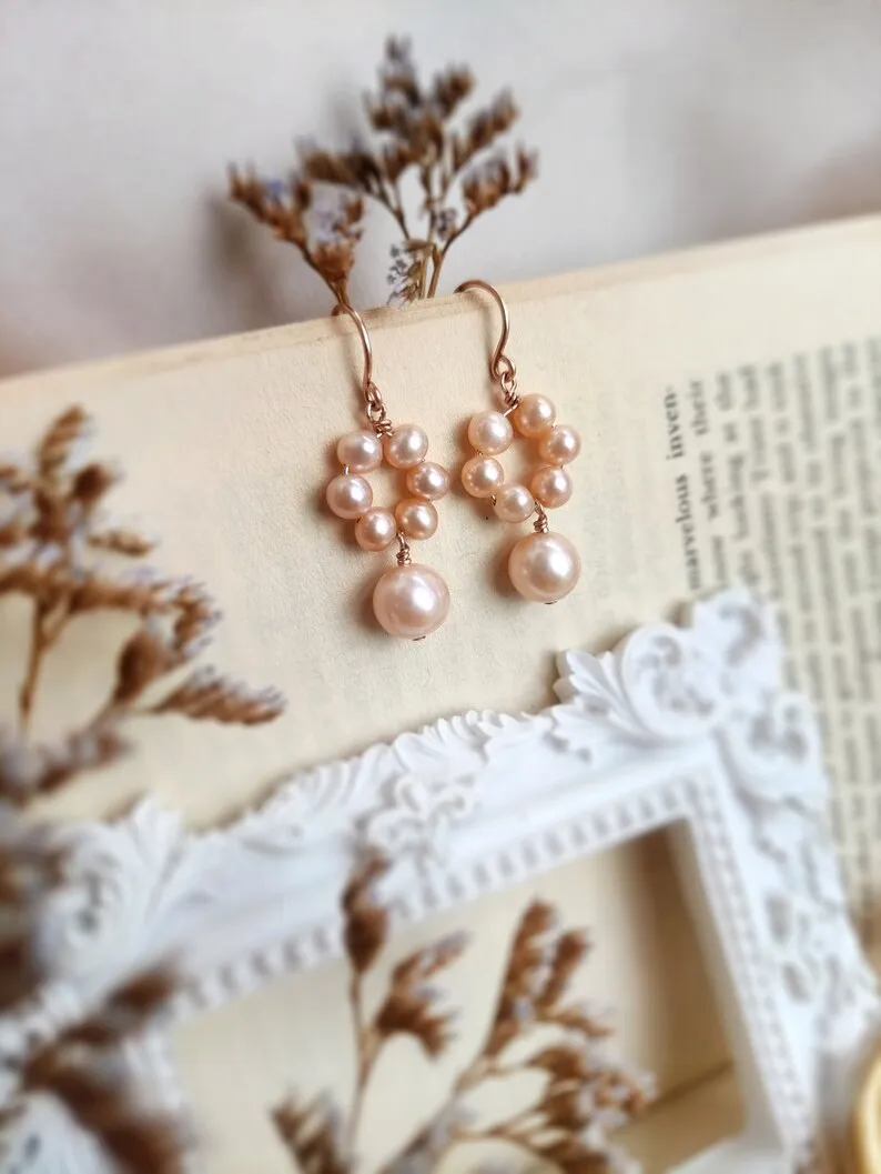 

Pink Pearl Drop Earrings in 14K Rose Gold Filled, Freshwater Pearl Earrings, Dainty Pearl Earrings, Bridal Shower Gift, Gift For