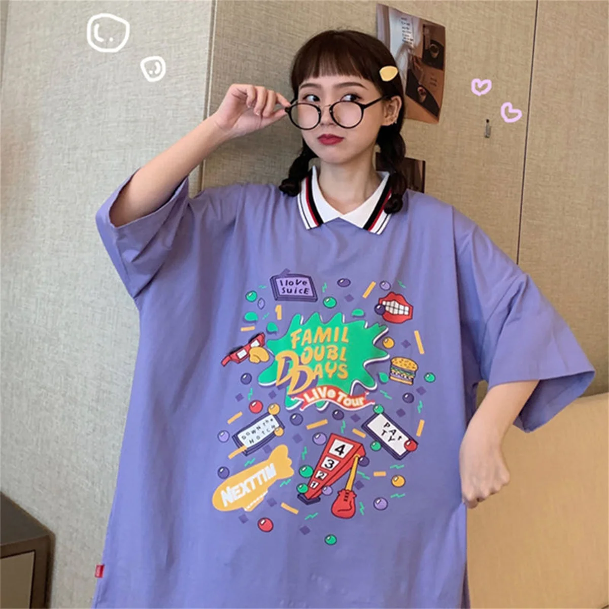 

Purple Cartoon Oversized Polo Shirt Summer Cute Female Tops Tee Girl Funny Japan Tops Harajuku Korean Gothic Couple T Shirt