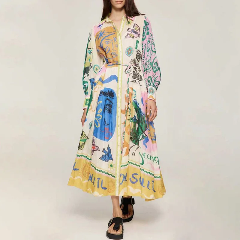 Ladies Contrast Graffiti Print Long Sleeve Midi Dress Women's Turn-down Collar Tie Waist Ruffle Single Breasted Elegant Robe