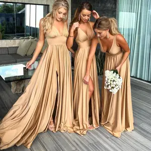 Imported FATAPAESE Sexy Evening Dress Slit Champagne Gold Bridesmaid Dresses Long Satin Gowns V Neck Formal P