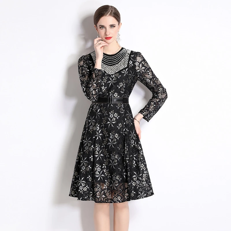 

Fashion Beaded Lace Flower Embroidery Dresses New Spring Women's O Neck Long Sleeve Sashes Vintage Knee Length Party Dress