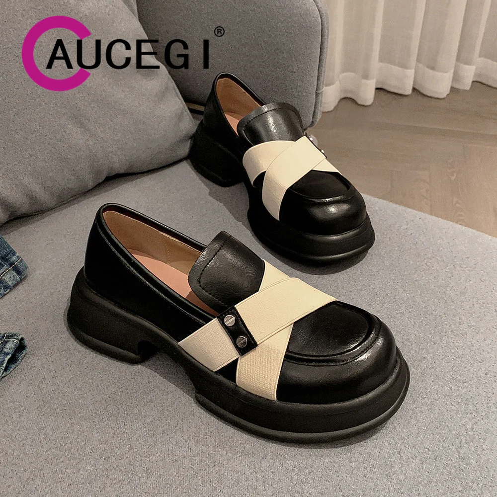 

Aucegi 2023 New Comfortable Platform Chunky Heels Pumps Women Loafers Fashion Round Toe Retro Slip On Casual Commuter Shoes