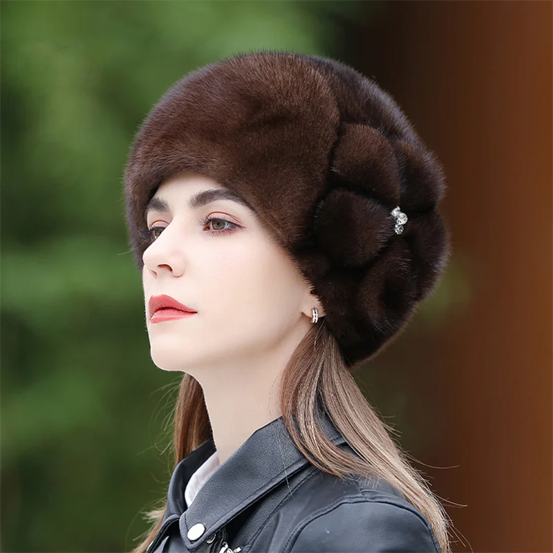 Russian Fur Ski Hat 2022 Winter New Warm Mink Hat Ladies Fashion Beret Ear Protection Flower Pot Hat Free Shipping