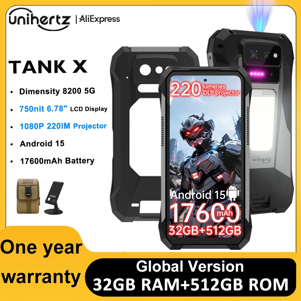 Фото Смартфон Unihertz TANK X 8849 5G, 32+512 ГБ, встроенный проектор 1080P 220 люмен, камера 50 МП + 64 МП, Android 15, аккумулятор 17600 мАч, NFC №1