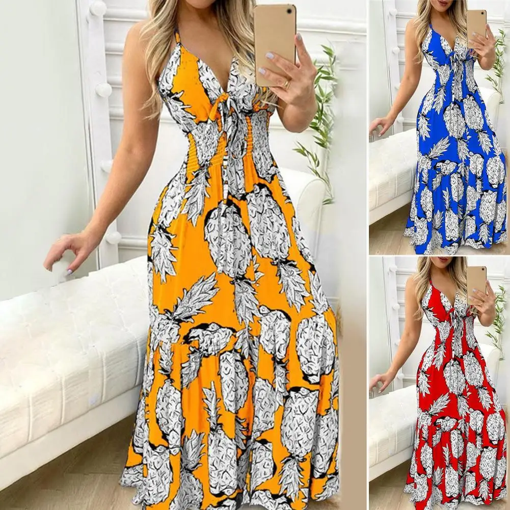 

Fashion Women Backless Halter V-Neck Maxi Dress Casual Pullover Pineapple Print Sling Bohemian Long Dress for Holiday Vacation