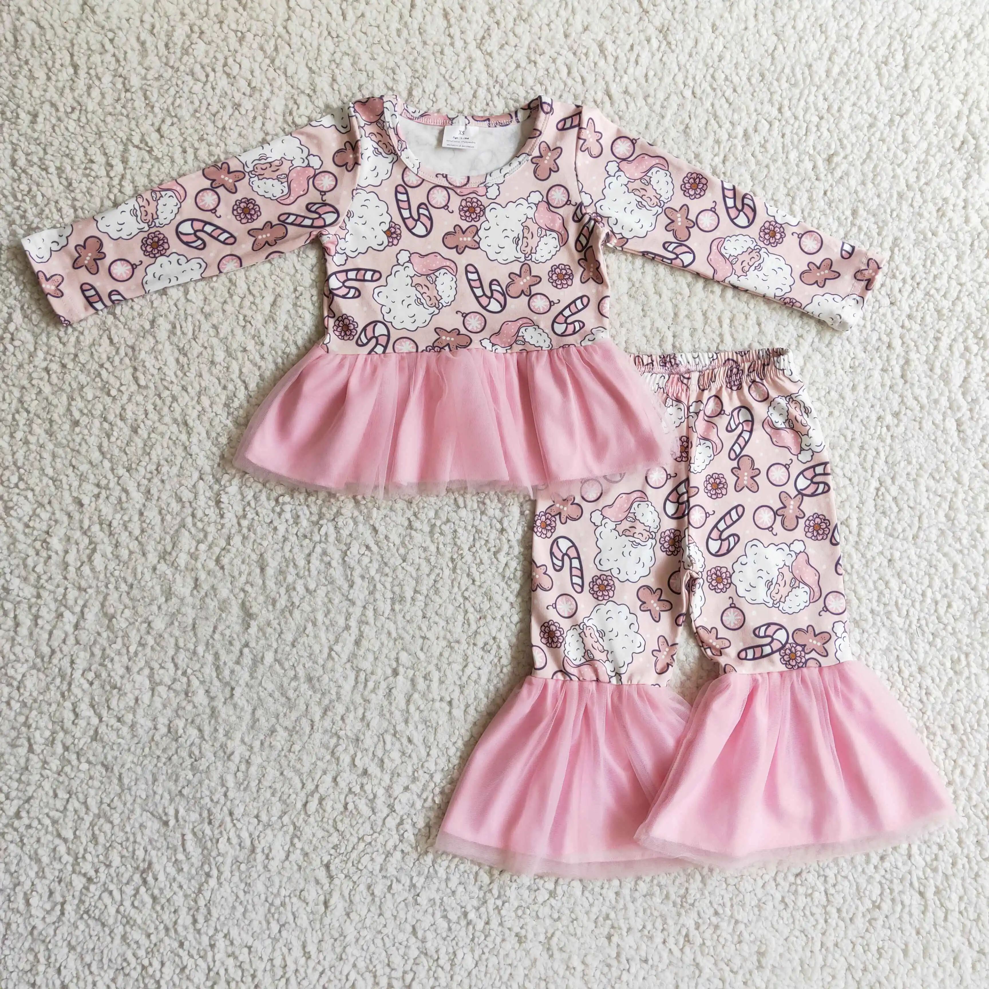 

GLP0297 fashion girl long sleeve santa and gingerbread print top and bell pants set with pink voile