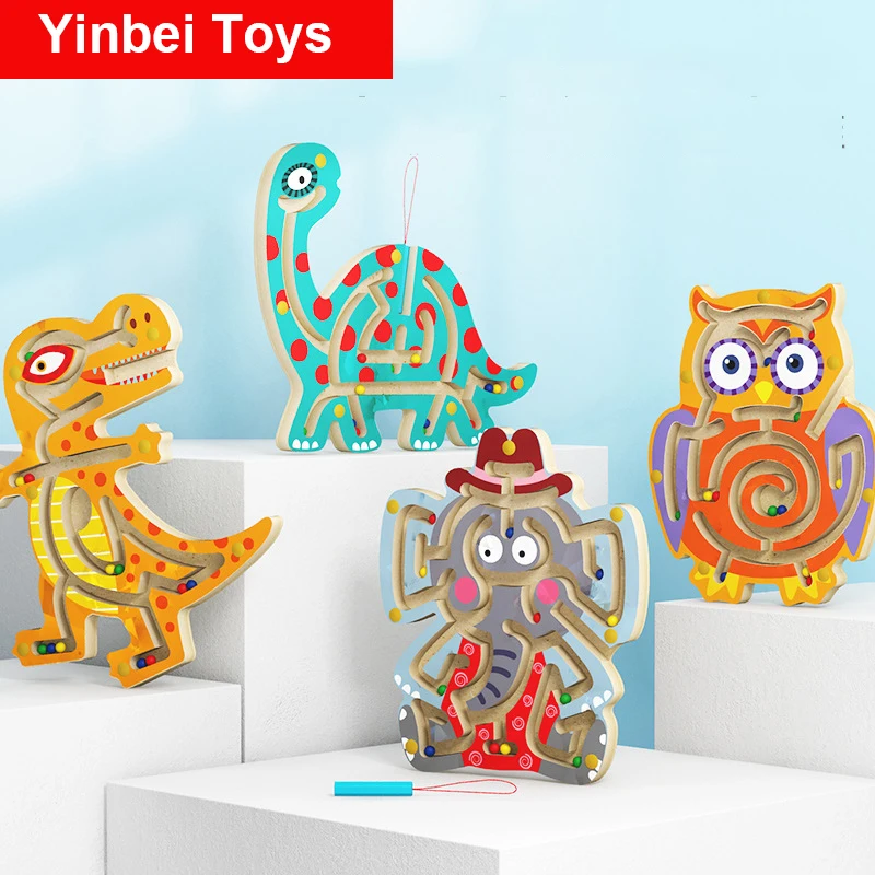

Детский деревянный магнитный лабиринт Монтессори, головоломка-динозавр, ходячие бусины, лабиринт, детские игрушки