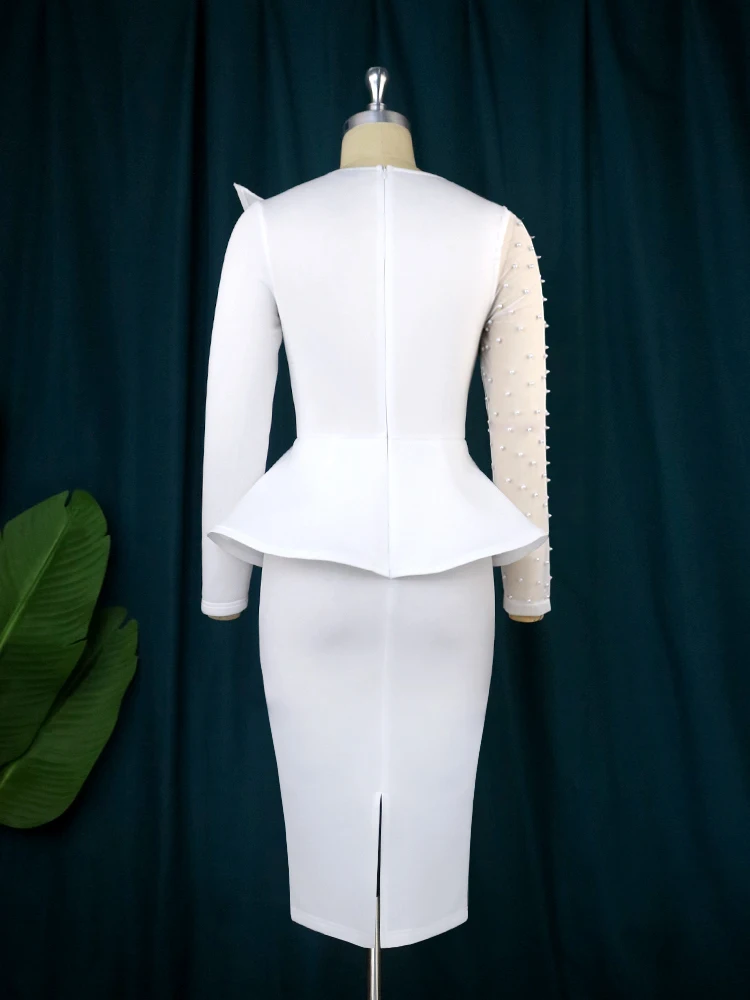 Plus Size White Party Midi Dress Sexy Long Sleeve O Neck Beading Mesh Robes Patchwork Peplum Elegant Event Evening Birthday 2023