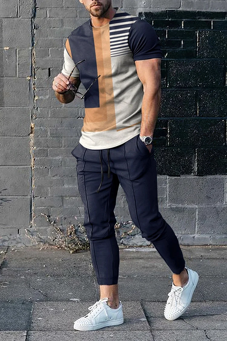 Summer Men's Long Pants Sportswear Set 3D Printed Striped Short Sleeved T-Shirt+2-Piece Long Pants Set Men's Clothing