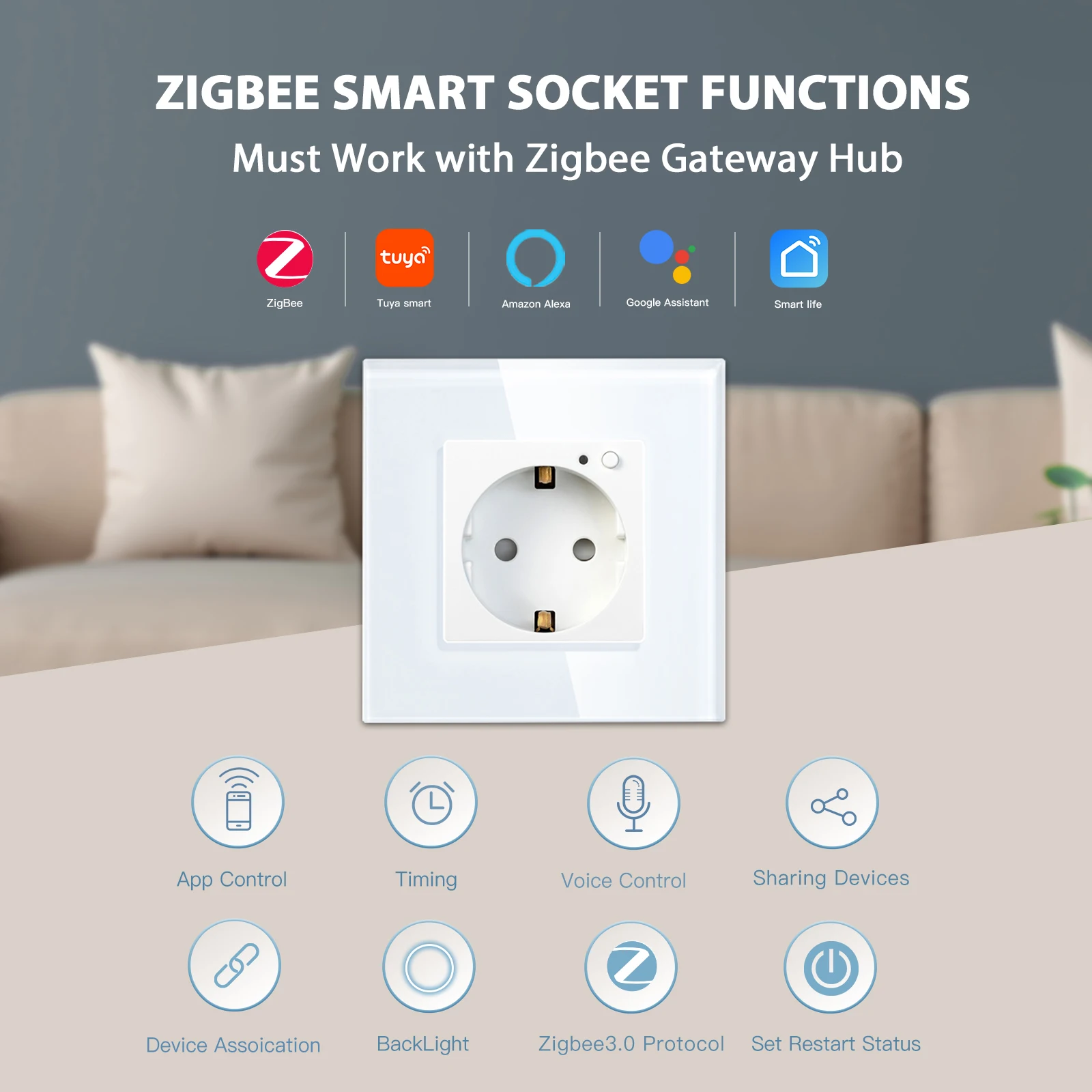 Фото Смарт-розетка настенная Zigbee, 220 В, 16 А, с подсветкой №2