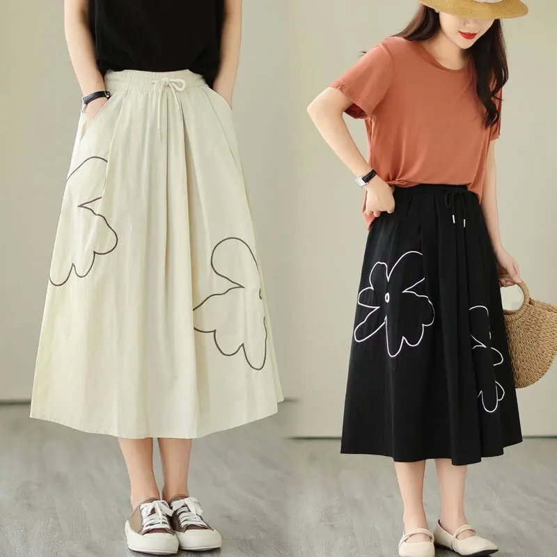 

2023 Summer New Women Skirt Mori Girl Embroidered Flower Contrast Midi Faldas Loose Versatile Elastic Waist Short Saias Clothes