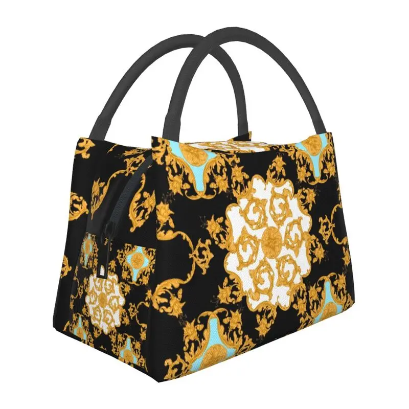 

Изолированная сумка для обеда с золотым цветочным барочным узором для женщин, многоразовая Цветочная охлаждающая Термосумка для обеда, для работы и пикника