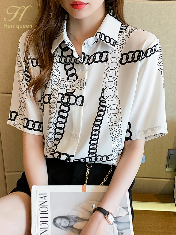 

Женская шифоновая блузка H Han Queen, Повседневная офисная блузка свободного покроя с винтажным принтом и коротким рукавом, в Корейском стиле, л...