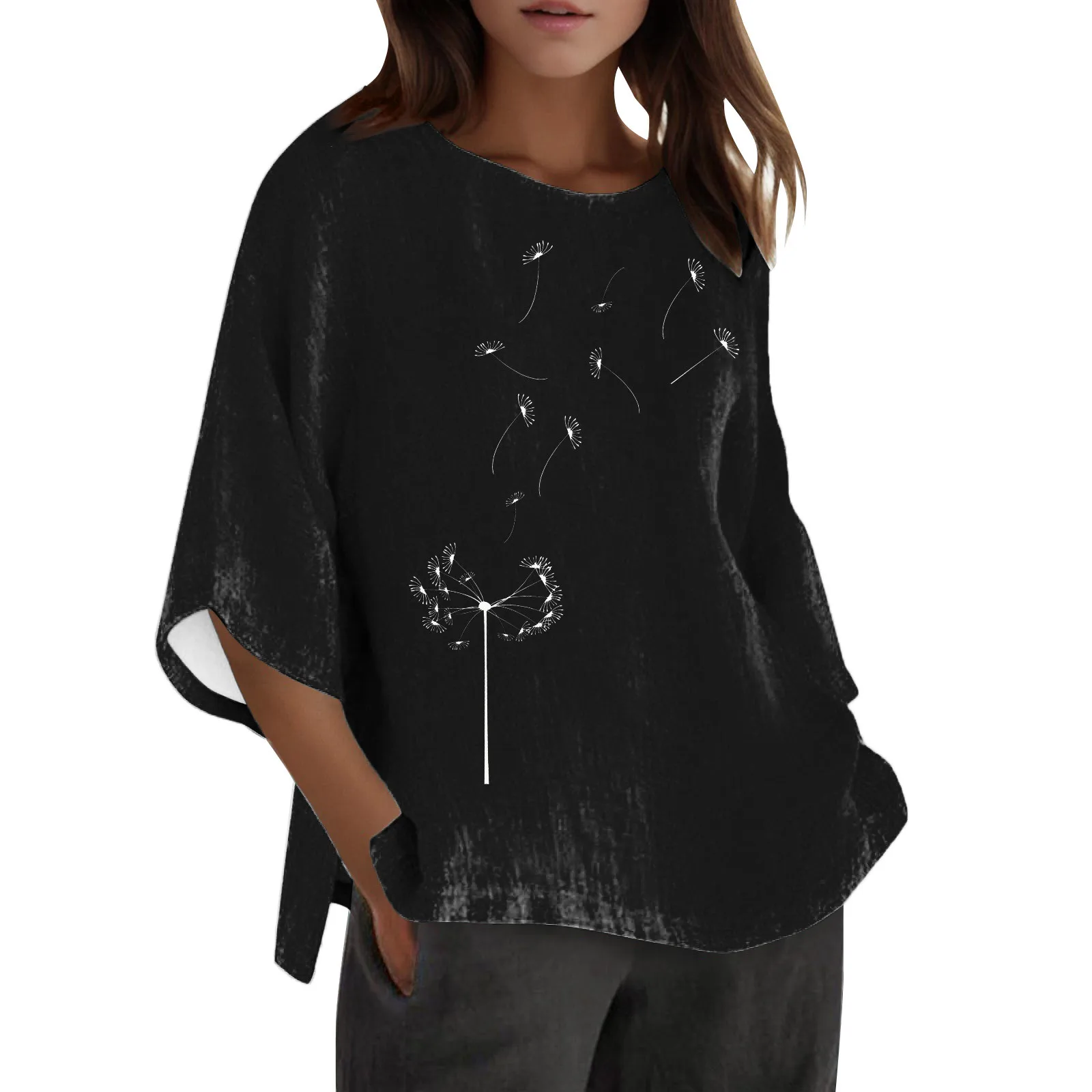 

Women Print Casual Three Quarter Sleeve Round Neck Tops Loose Tunic T Shirt Blouse Mock Neck Tee Shirt