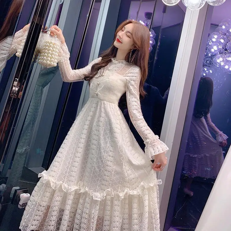 WYWMY White Long Dresses for Women Lace Patchwork Long Sleeve Sweet Casual Maxi Dress Female Party Autumn Vestido Beading Button