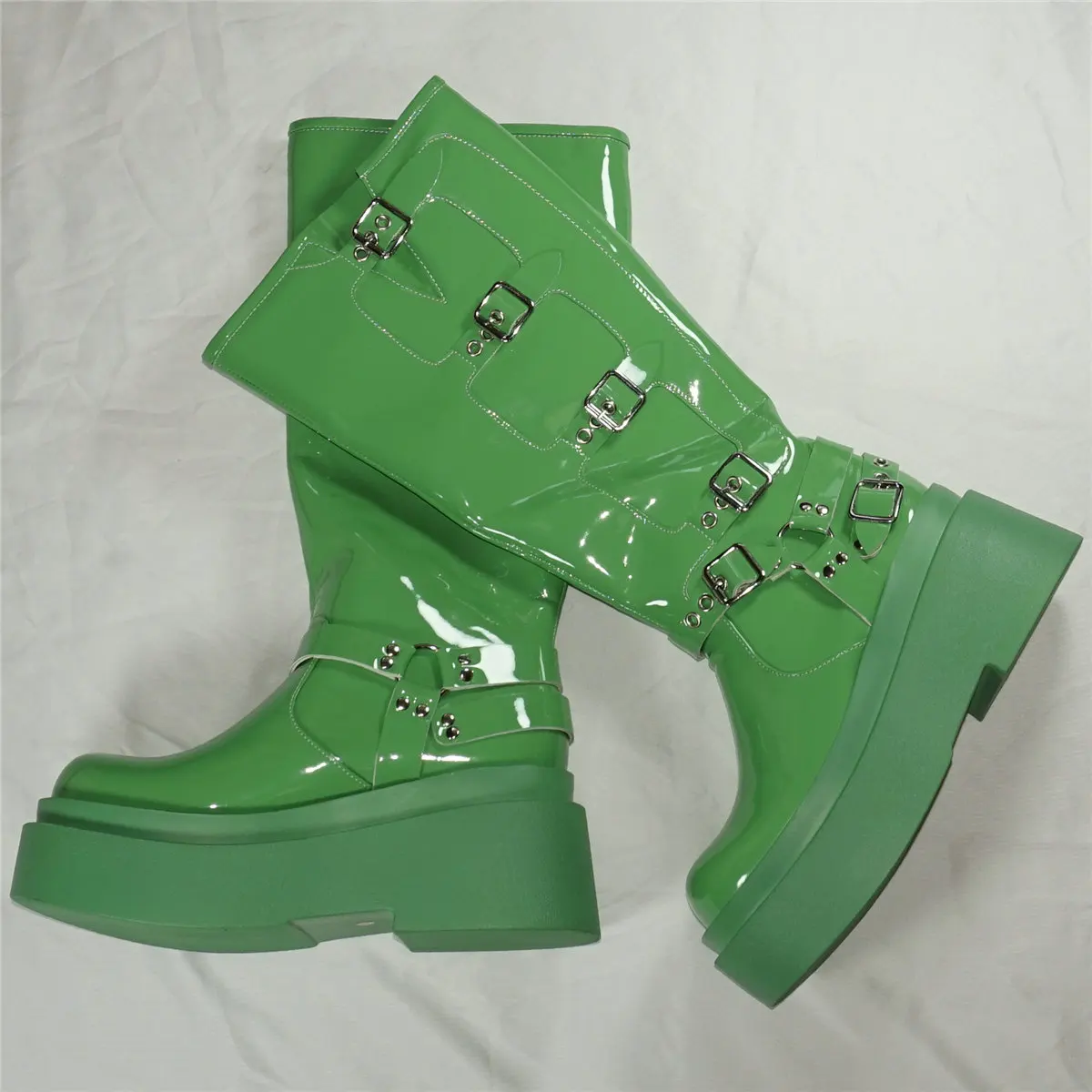 Green Wedges Fashion Sneakers Women Patent Leather Super High Heels Knee High Boots Female Round Toe Platform Pumps Casual Shoes