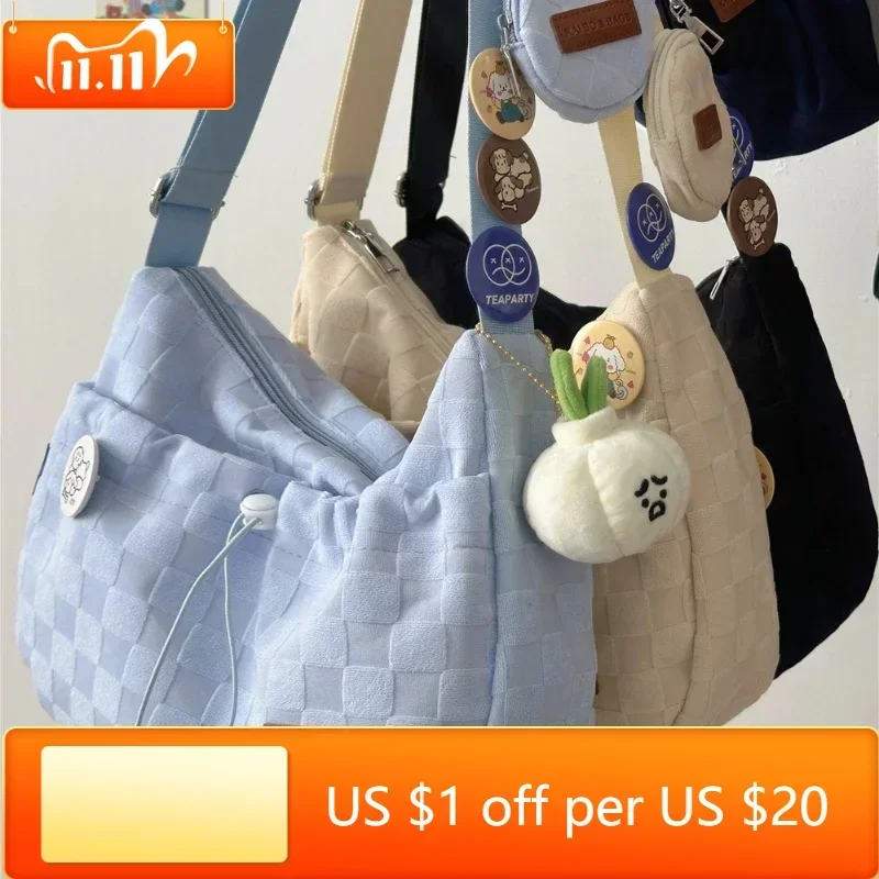

Harajuku Style College Crossbody Bag Solid Color Plaid Print Large Capacity Shoulder Bag New Cute Fashion Designer Handbag