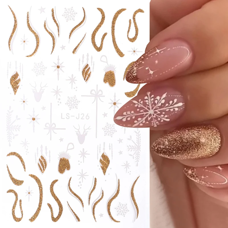 

3D Christmas Nail Stickers Sparkly Gold Geometry Strip Snowflake Winter Nail Decals Slider Manicure Ideas Decoration Stickers