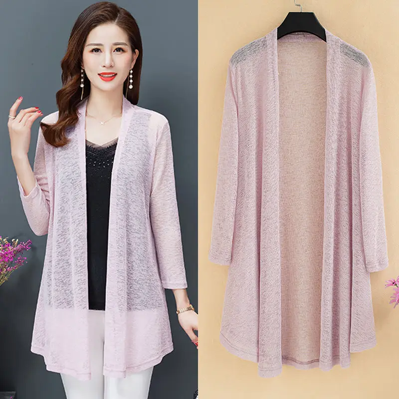 

2022 Summer Women's New Thin Coats Female Thin Air Conditioning Jackets Ladies Long Sunscreen Knitted Cardigans J71