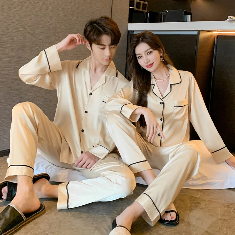 New Couples' Pajamas Spring and Summer Men's and Women's Ice Silk Satin Chiffon Herringbone Long Thin Home Suit Set