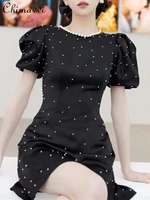 2022 summer new fashion rhinestone pearl puff sleeve dress womens black bow backless round neck short dress for ladies