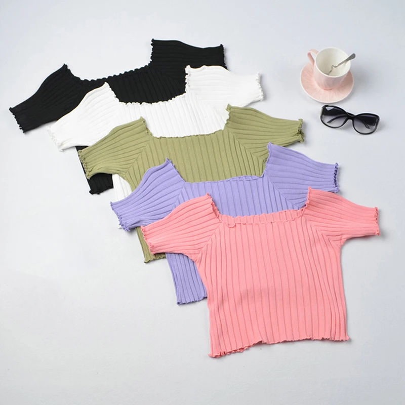 

Women T-shirt Off Shoulder Knitting Crop Tops Women Fashion Solid Short Sleeve Skinny T-shirts Women 2022 Summer