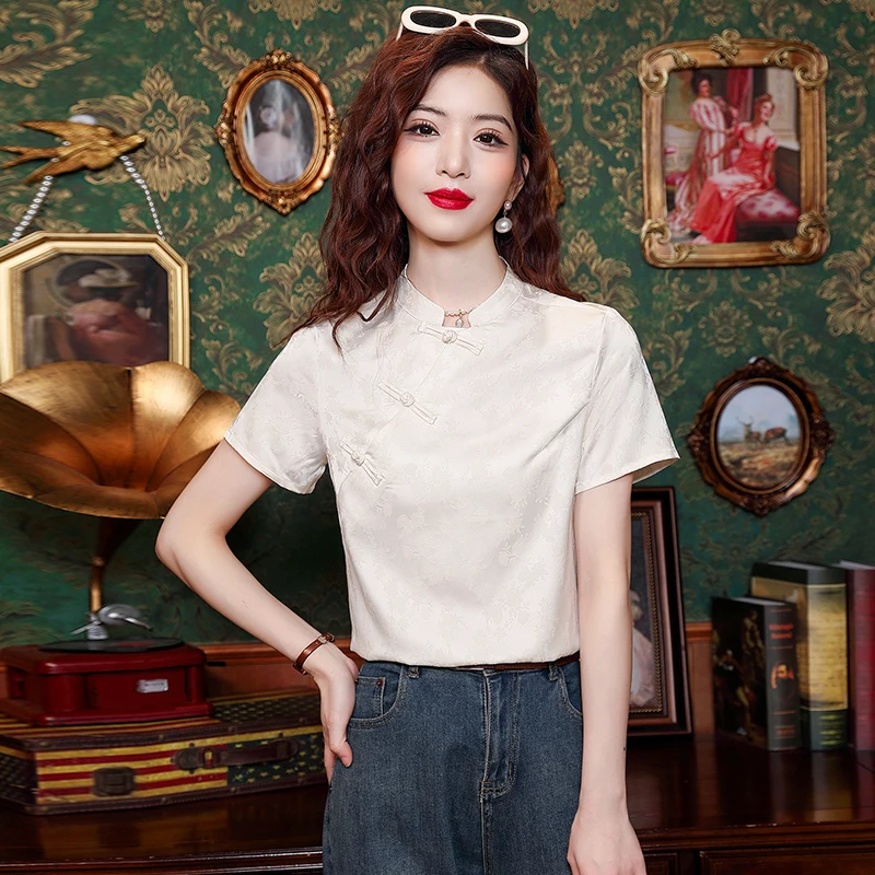 Женская шифоновая блузка в китайском стиле с коротким рукавом и